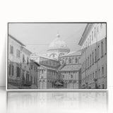 Mid-century modernist cathedral design in muted gray on white acrylic, ideal for nursery wall art.