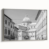 Vintage poster art of a cathedral in colorful hues on a black background, framed canvas, ideal for living room decor.