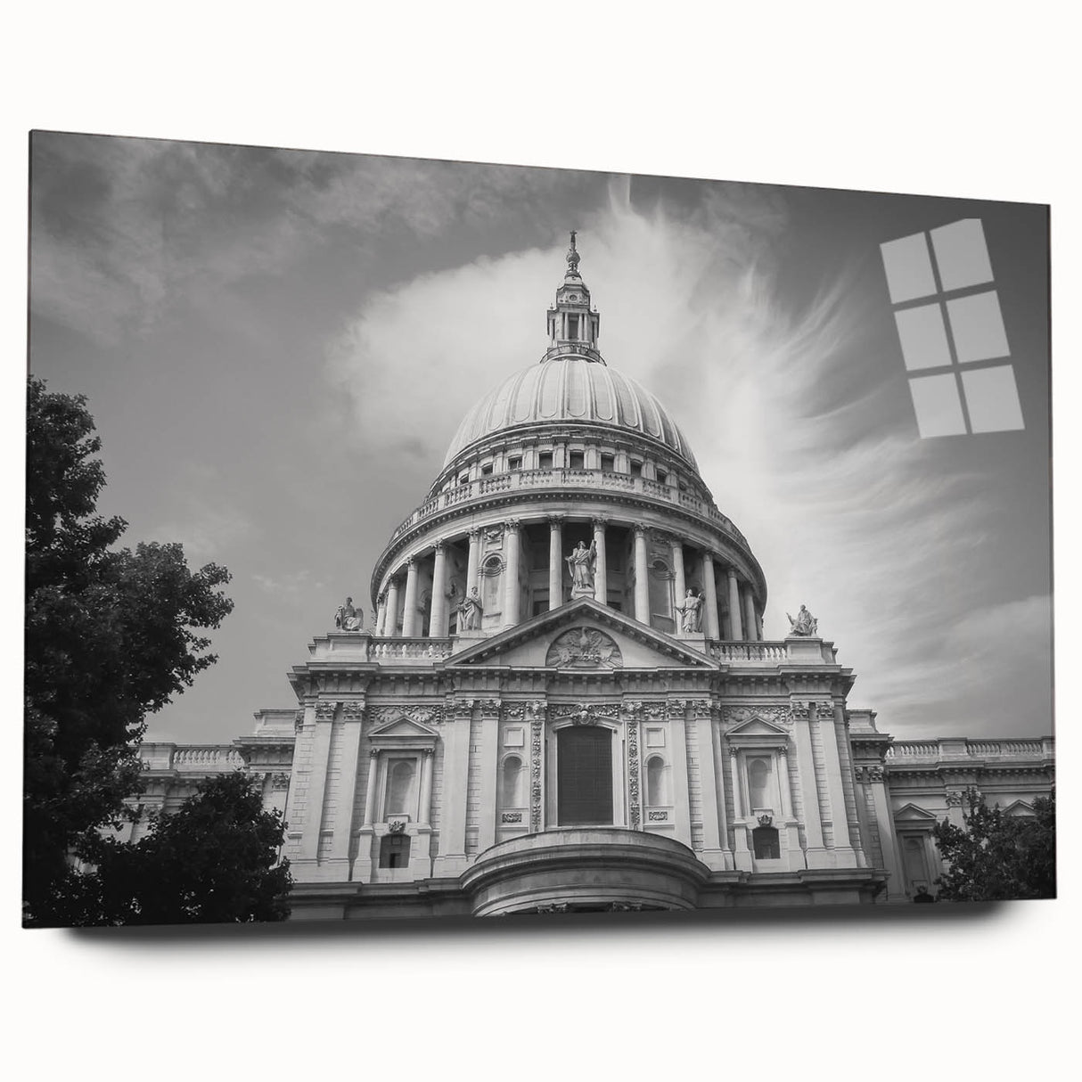 Acrylic print of a large abstract cathedral design in muted gray and blue tones, suitable for bedroom or dining room art.