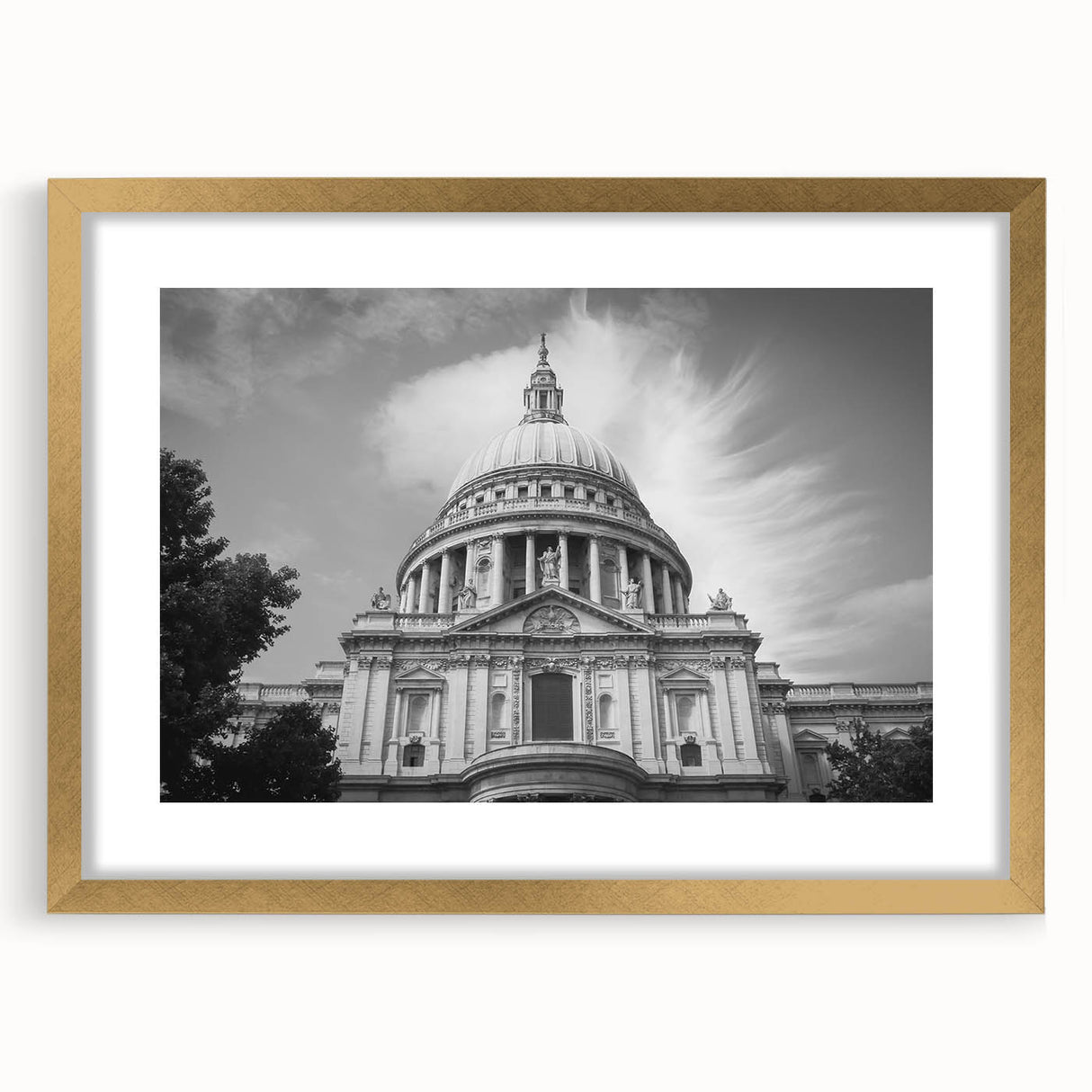 Textured abstract art print of a cathedral, in gold and beige tones, framed with mat, suited for bedroom art.