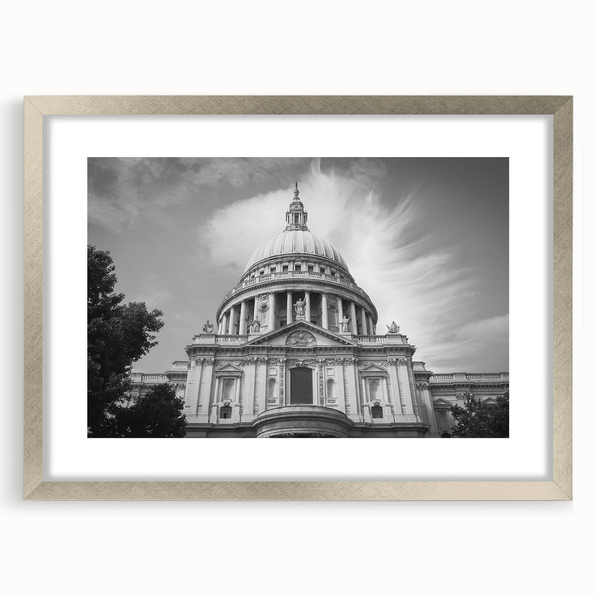 Abstract art print of a cathedral in muted gray and blue tones on a framed poster, suitable for dining room decor.