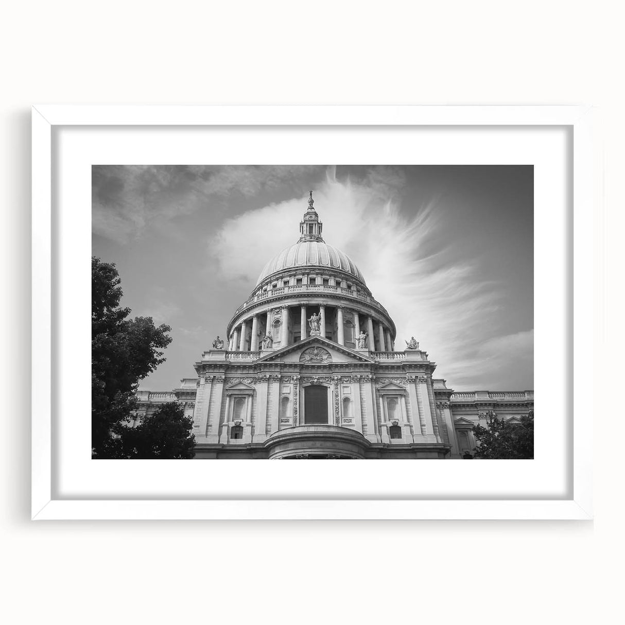 Extra large abstract art print of a cathedral, featuring textured white and gray tones on a framed canvas.