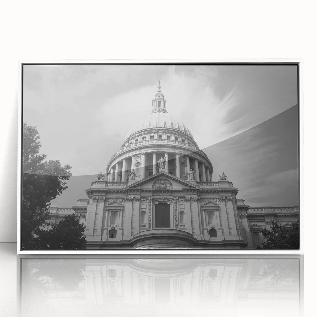 Mid-century modernist cathedral design on large acrylic print in muted pastel shades, ideal for modern nursery wall art.