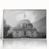 Mid-century modernist cathedral design on large acrylic print in muted pastel shades, ideal for modern nursery wall art.