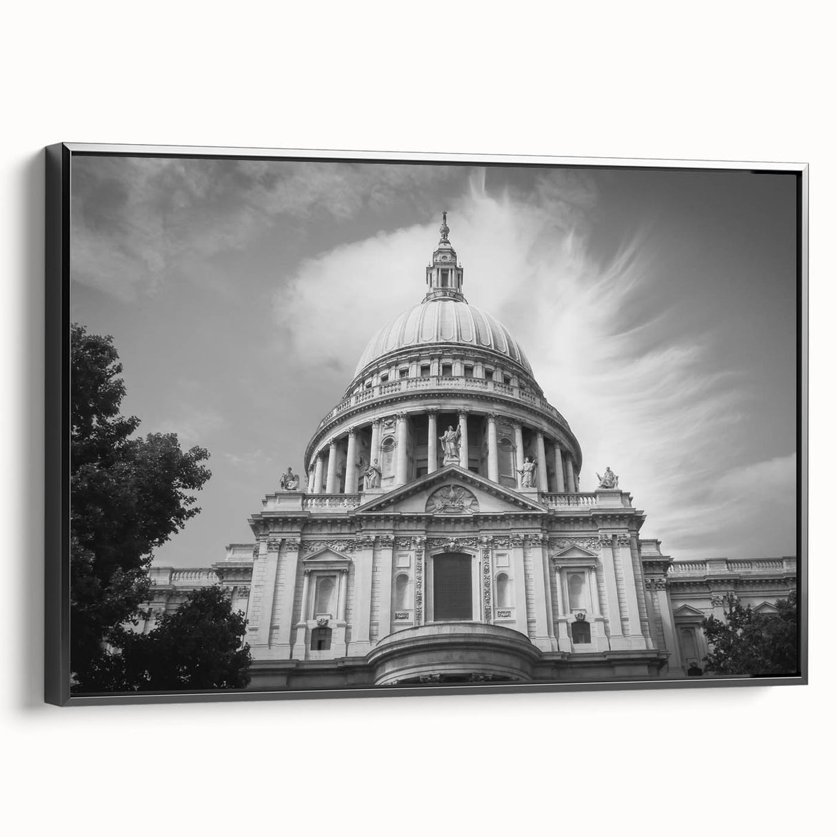 Black and white vintage poster art of a cathedral on framed canvas, ideal for bedroom wall decor.
