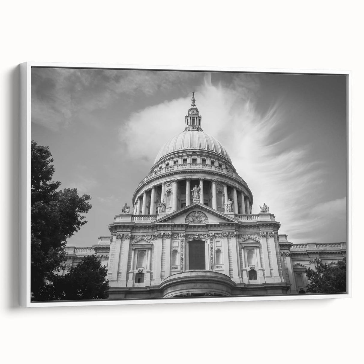 Framed canvas of a vintage-style black and white cathedral landscape, ideal for bedroom wall art.