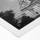 Art deco poster of a cathedral, in muted gray and blue tones, printed on rolled canvas, ideal for dining room wall art.
