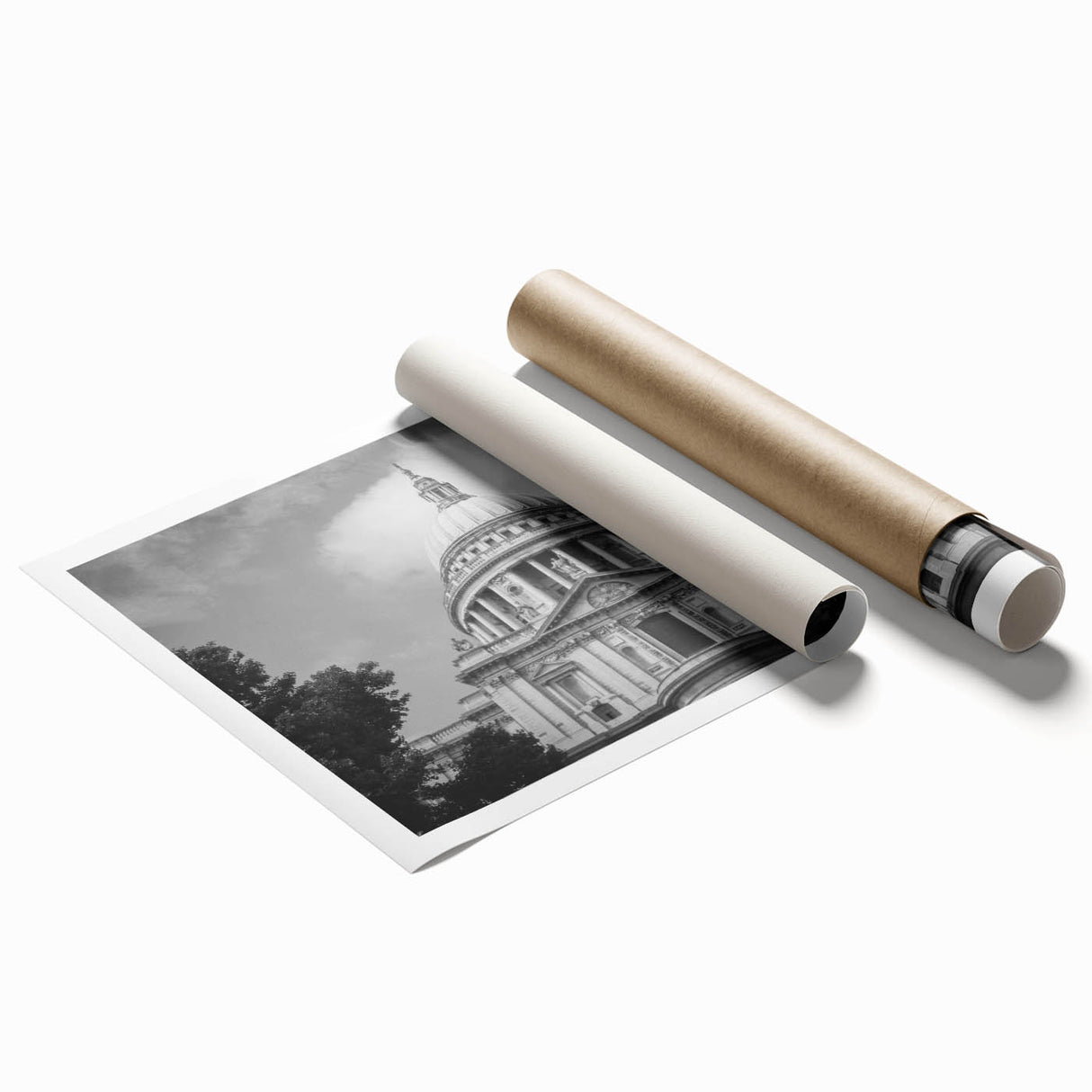 Extra large rolled print of a cathedral with floral motifs in pastel shades.
