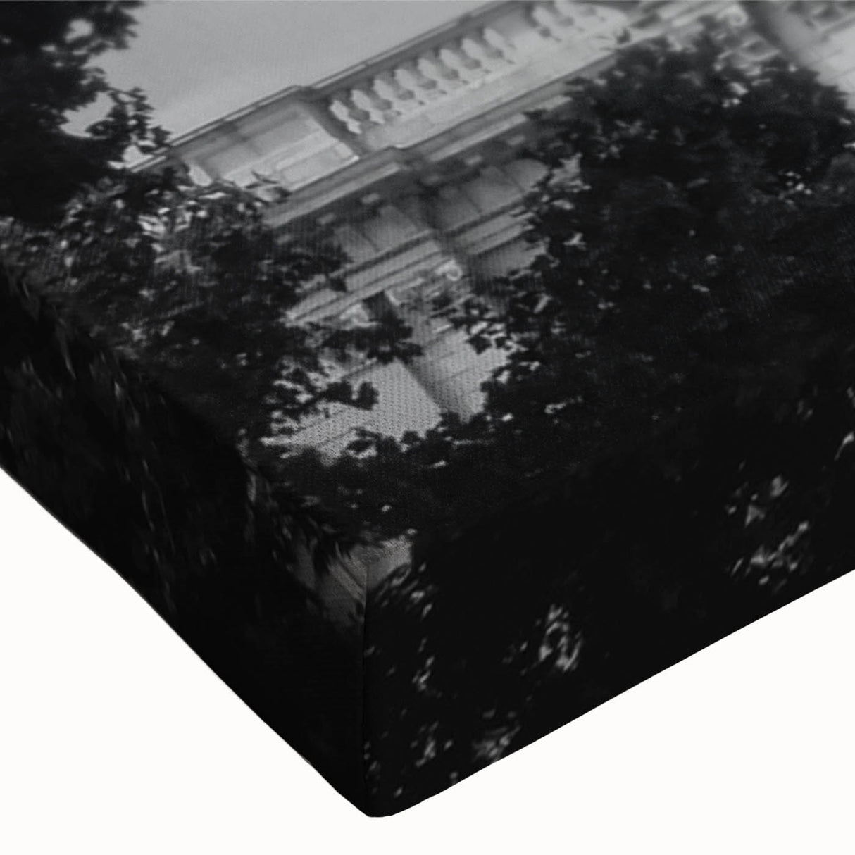 Large art depicting a black and white cathedral landscape on stretched canvas, suitable for bedroom wall decor.