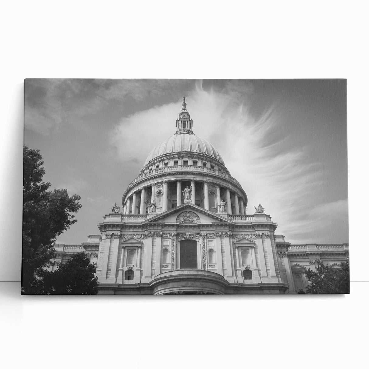 Black and white stretched canvas of a cathedral design, suitable as large kitchen wall art or for a bedroom.