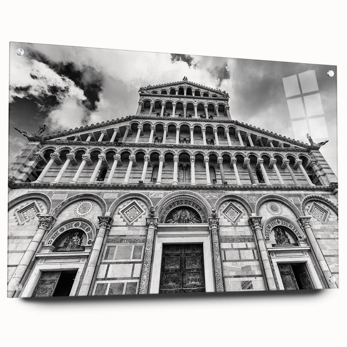 Large abstract wall art of a cathedral design in muted gray tones on acrylic glass.