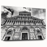 Large abstract wall art of a cathedral design in muted gray tones on acrylic glass.