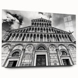 Large abstract acrylic print of a cathedral design in muted gray and blue tones, suitable for bedroom or dining room art.