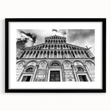 Extra large abstract art print featuring a colorful, textured depiction of a cathedral, framed with a black mat.