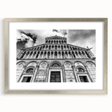 Abstract art print of a cathedral design in muted gray and silver tones, framed with a silver mat.