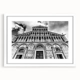 Extra large abstract art print of a cathedral, in muted gray and white tones, framed with a white mat.