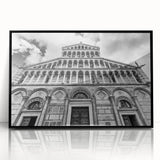 Large abstract wall art featuring a mid-century modernist cathedral design in black and white, acrylic framed.