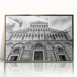 Mid-century modernist art deco poster featuring a cathedral design in gold and black tones, framed acrylic.