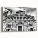 Vintage poster art of a cathedral in muted black and silver tones on a framed canvas, ideal for living room decor.