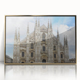 Mid-century modernist art of a cathedral in muted gold and white tones on acrylic, ideal for nursery wall art.
