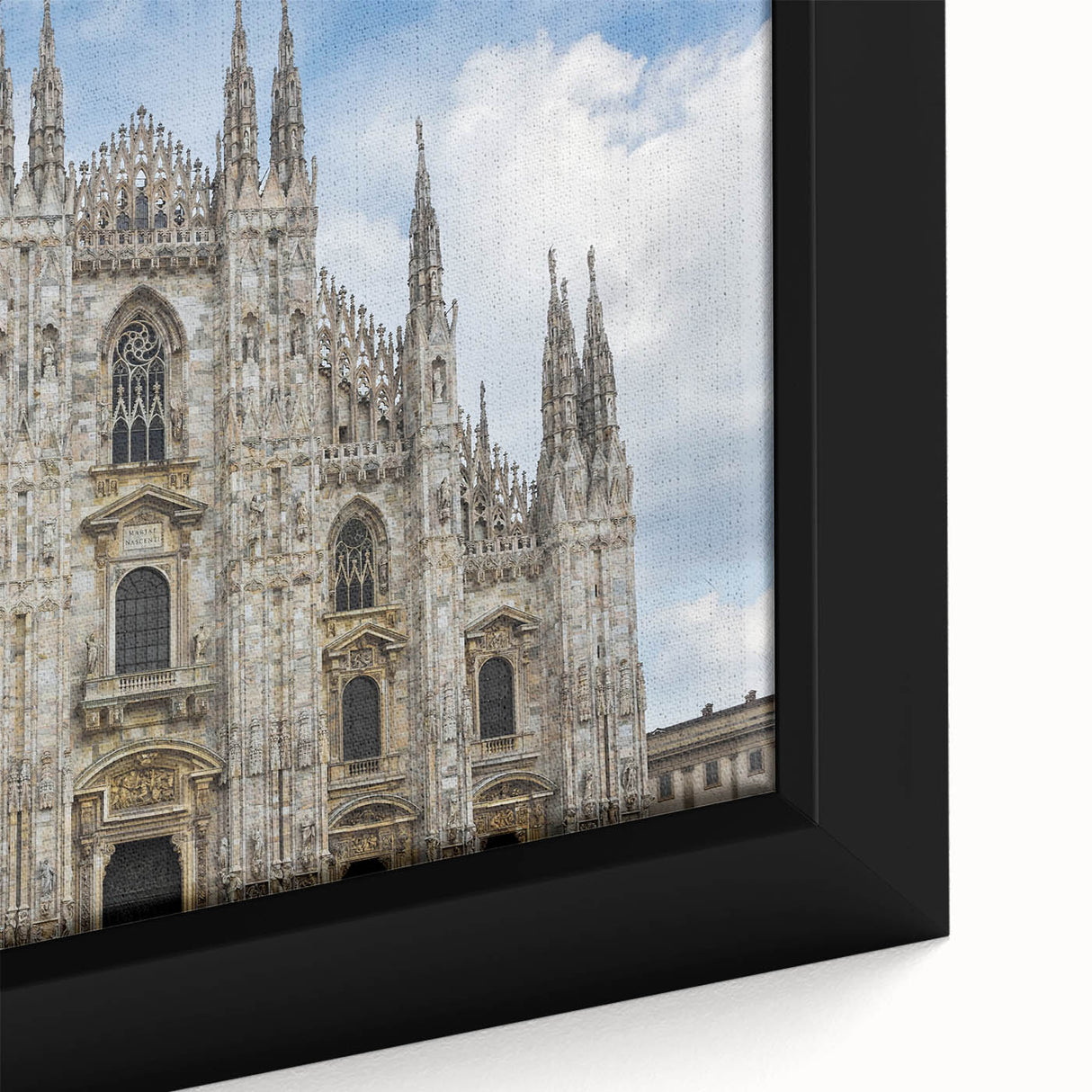 Extra large black wall art of a cathedral design with colorful, textured detailing on a framed canvas.