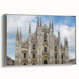 Vintage poster art of a cathedral in colorful tones on a large framed canvas, suitable for living room decor.