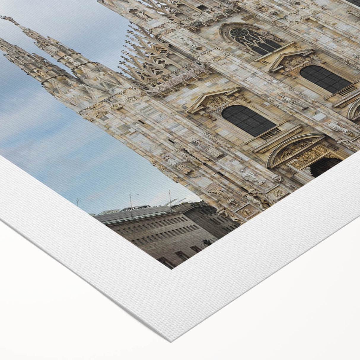 Art deco poster featuring a detailed cathedral design in muted beige tones on rolled canvas.