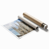 Extra large wall art featuring a detailed cathedral design in muted gray tones on rolled canvas.