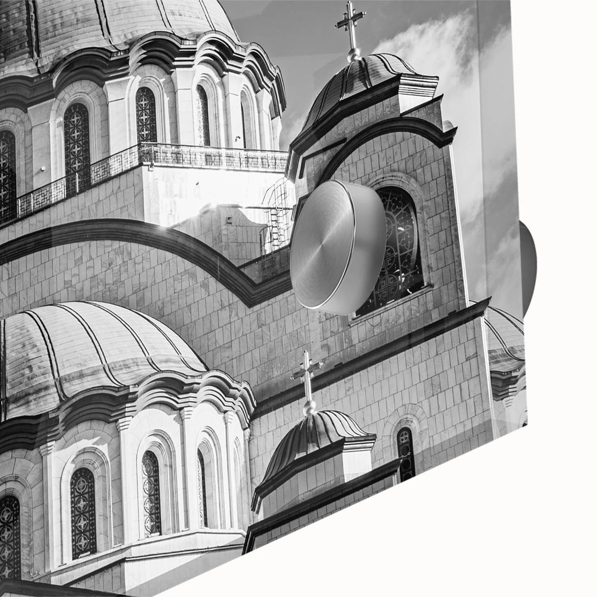 Large abstract wall art depicting a cathedral, in muted gray tones on acrylic glass, suitable for dining room ambiance.