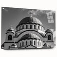 Acrylic print of a large abstract cathedral design in muted gray and blue tones, ideal for dining room decor.