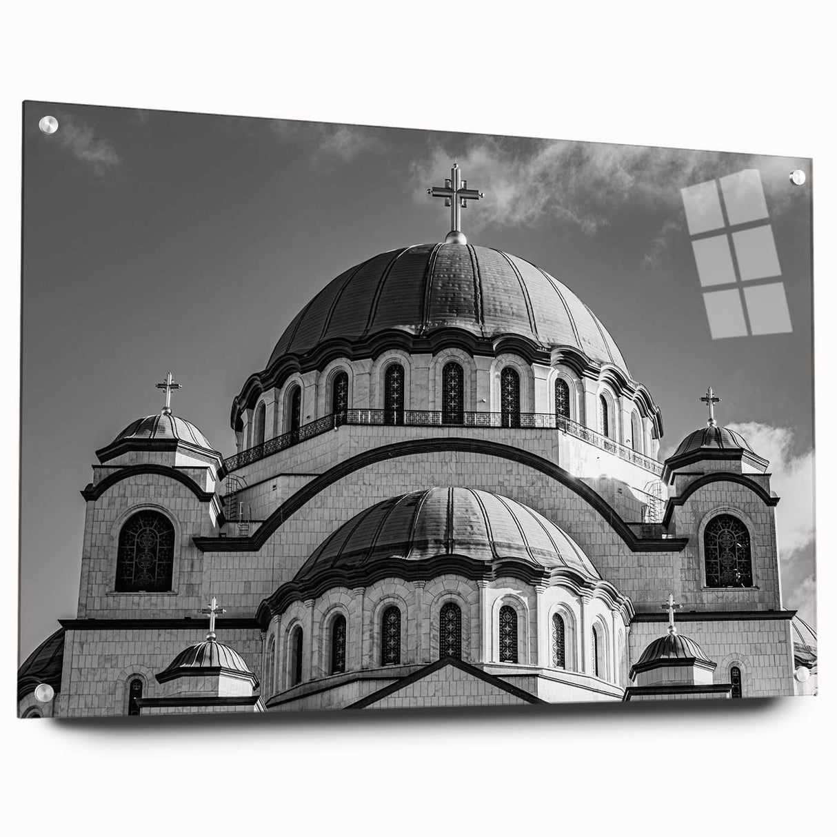 Acrylic print of a large abstract cathedral design in muted gray and blue tones, ideal for dining room decor.