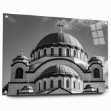 Acrylic print of a large abstract cathedral design in muted gray and blue tones, ideal for dining room decor.