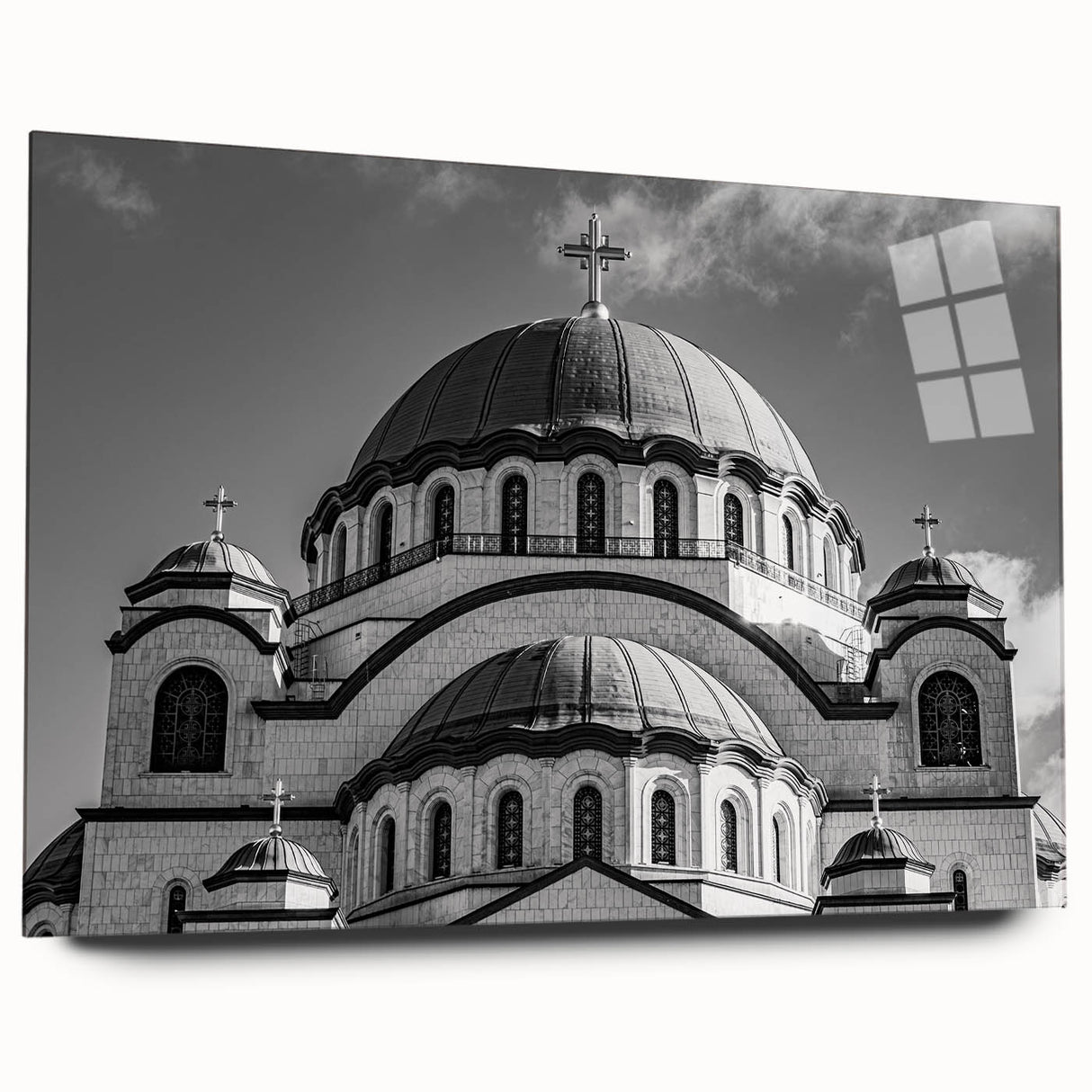 Large abstract wall art on acrylic featuring a cathedral design in muted earth tones, ideal for bedroom or dining room decor.