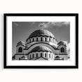 Extra large abstract art print of a colorful, textured cathedral design on a black framed canvas.