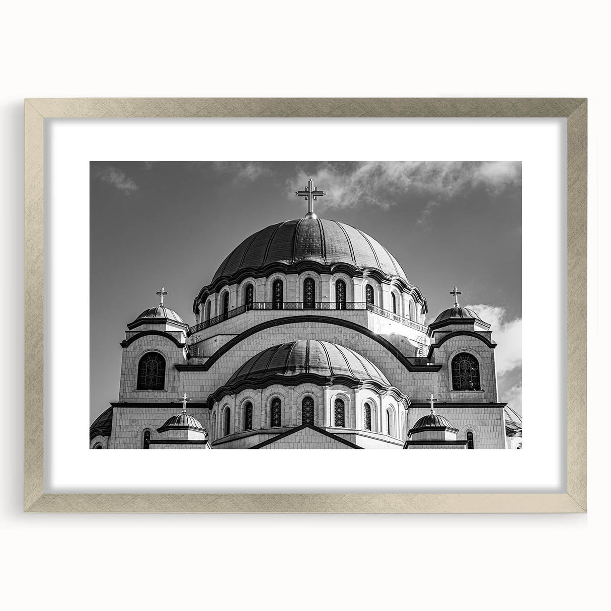 Abstract art print of a cathedral design in muted gray and blue tones on a framed poster, suitable for dining room decor.