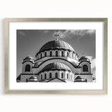 Abstract art print of a cathedral design in muted gray and blue tones on a framed poster, suitable for dining room decor.