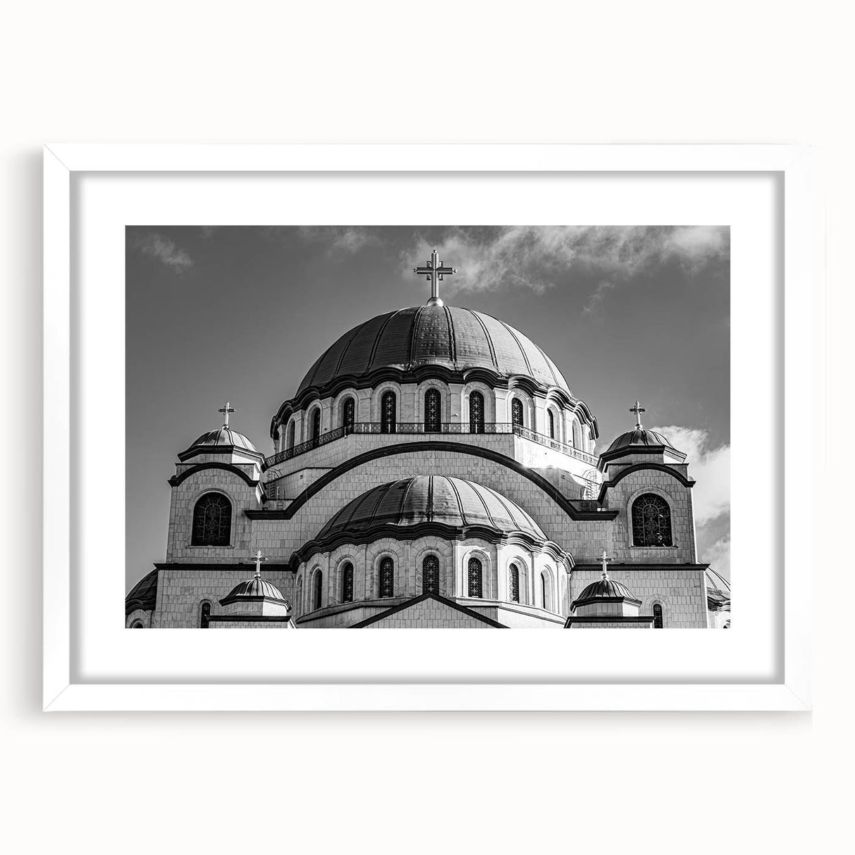 Extra large abstract art print featuring a textured cathedral design in muted tones, framed with a white mat.