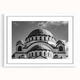 Extra large abstract art print featuring a textured cathedral design in muted tones, framed with a white mat.