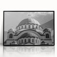 Large abstract wall art featuring a mid-century modernist cathedral design in black and white tones, acrylic framed.