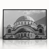 Large abstract wall art featuring a mid-century modernist cathedral design in black and white tones, acrylic framed.