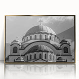 Mid-century modernist art of a cathedral in muted gold and white tones on a framed acrylic, suitable for nursery wall art.
