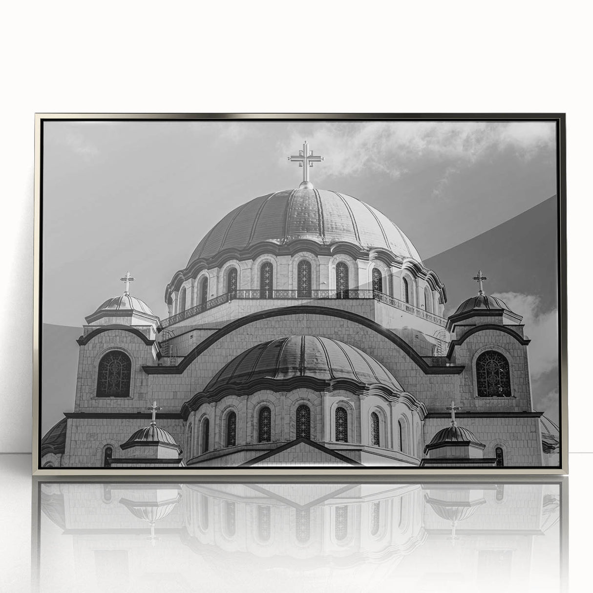 Art deco poster of a cathedral, in muted silver and gray tones on a framed acrylic, suitable for modern art wall decor.