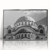 Art deco poster of a cathedral, in muted silver and gray tones on a framed acrylic, suitable for modern art wall decor.
