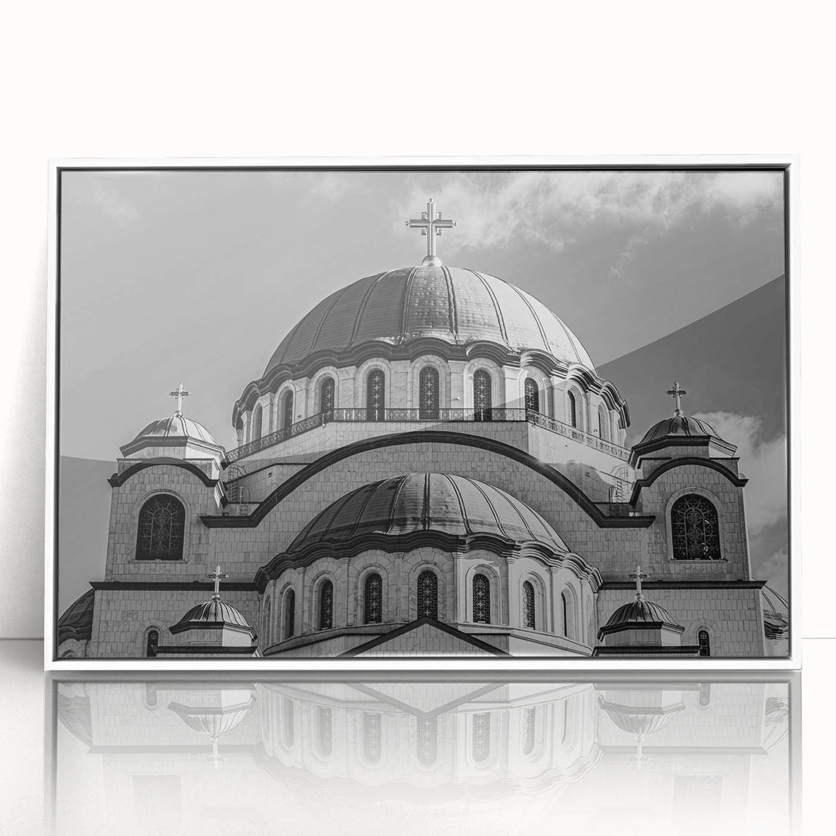 Mid-century modernist cathedral design in black and white on a large framed acrylic print, suited for modern art wall decor.