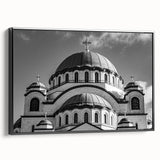 Black and white vintage poster art of a cathedral, printed on framed canvas, suitable for bedroom wall decor.