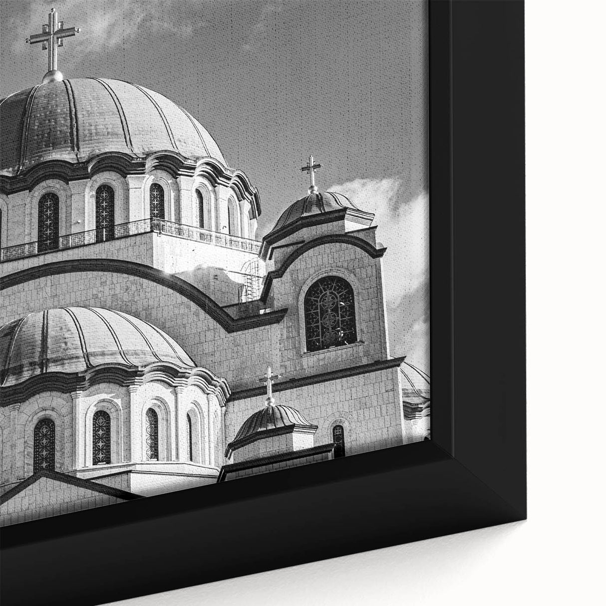 Extra large black wall art featuring a colorful, textured depiction of a cathedral design on framed canvas.