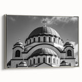 Vintage poster art of a cathedral in colorful hues on a black background, framed canvas, ideal for living room decor.