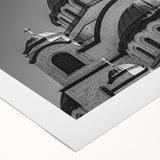 Art deco poster of a cathedral design in muted beige and brown tones on rolled canvas, suitable for dining room décor.