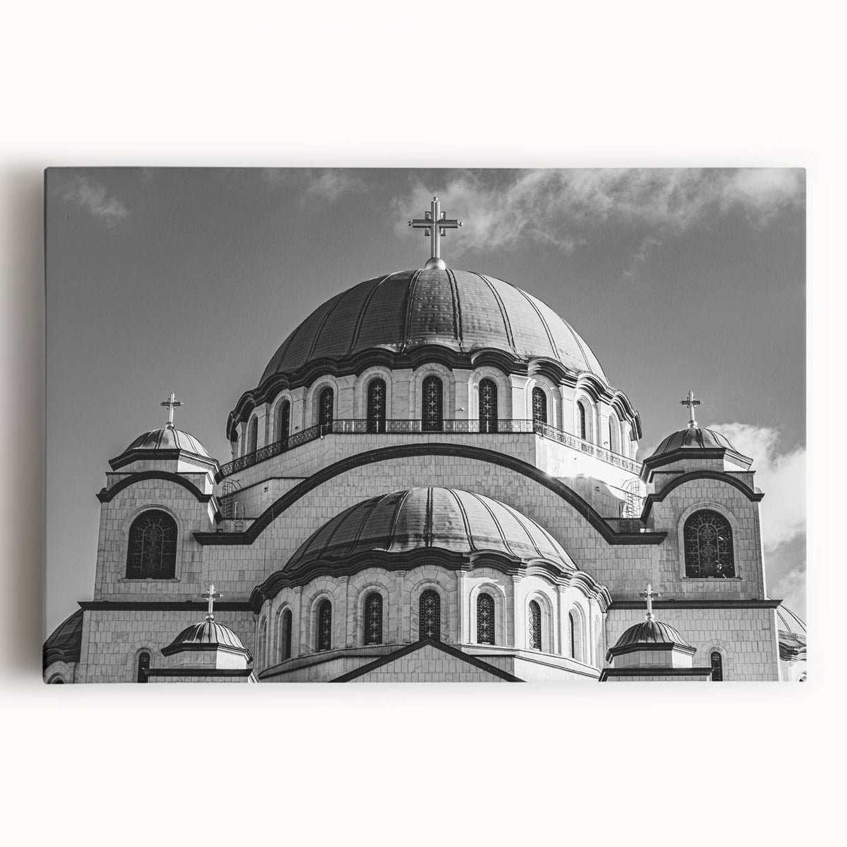 Black and white print of a cathedral on stretched canvas, suitable for kitchen wall art.