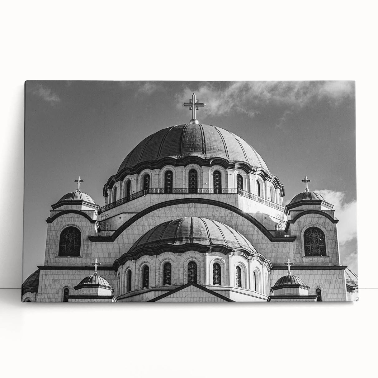 Black and white large cathedral design on stretched canvas, ideal for kitchen wall art or bedroom ambiance.